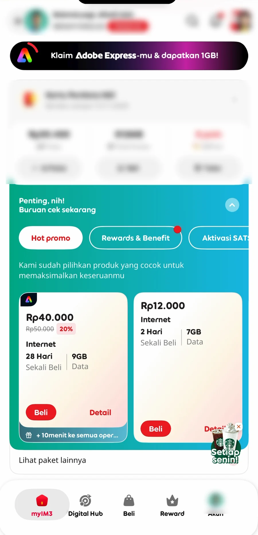 Beranda aplikasi MyIM3, menu Digital Hub di bawah