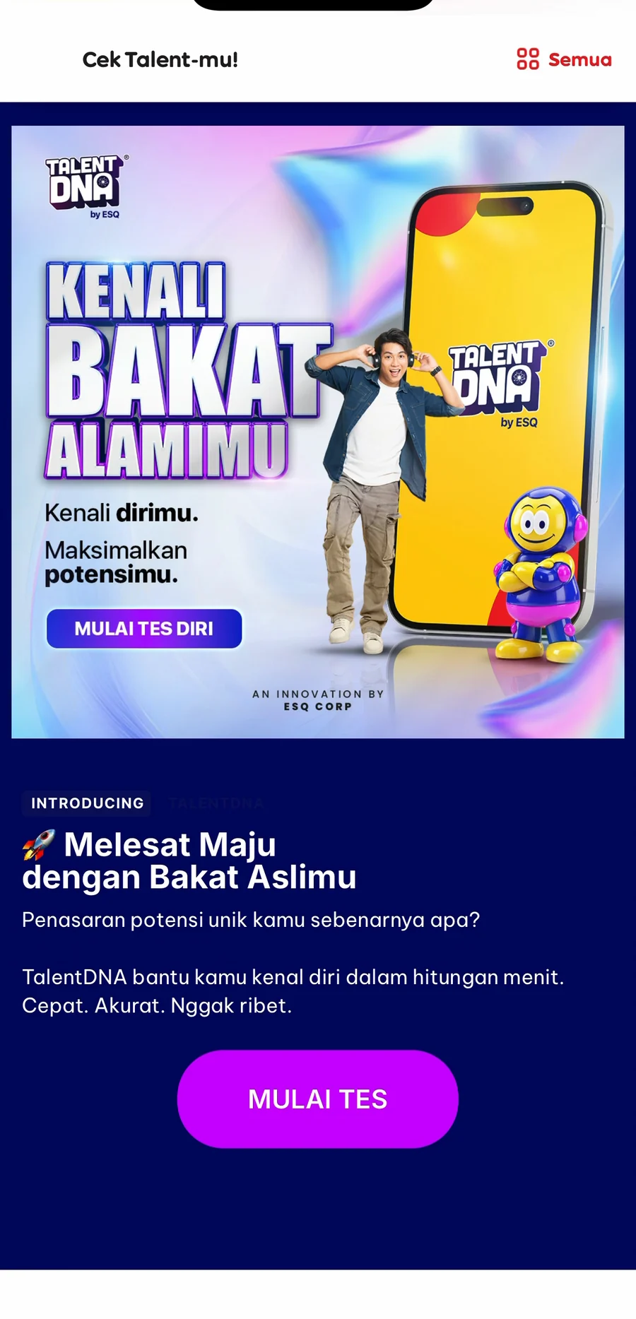 Halaman Cek Talent-mu! dengan tombol Mulai Tes